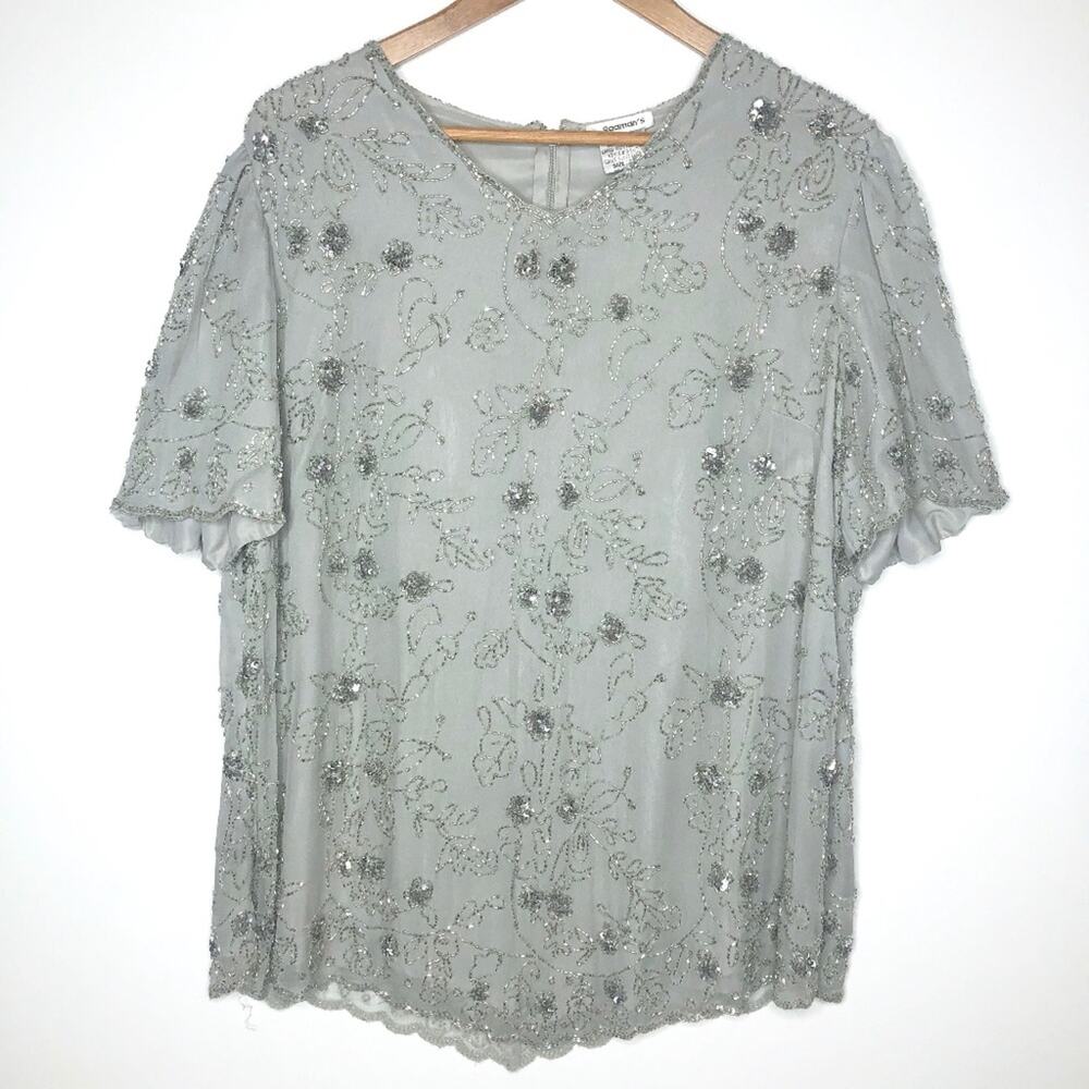Roaman's Silver Grey Short Sleeve Sequin Blouse